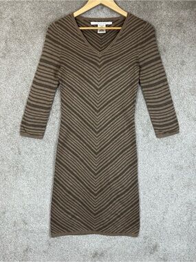 Max Studio Sweater Dress Womens Small Brown Stripe 3/4 Sleeve Stretch- 4769